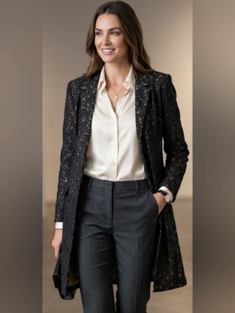 Women's Black & Nude Lace Long Blazer Coat Sz. 8/10